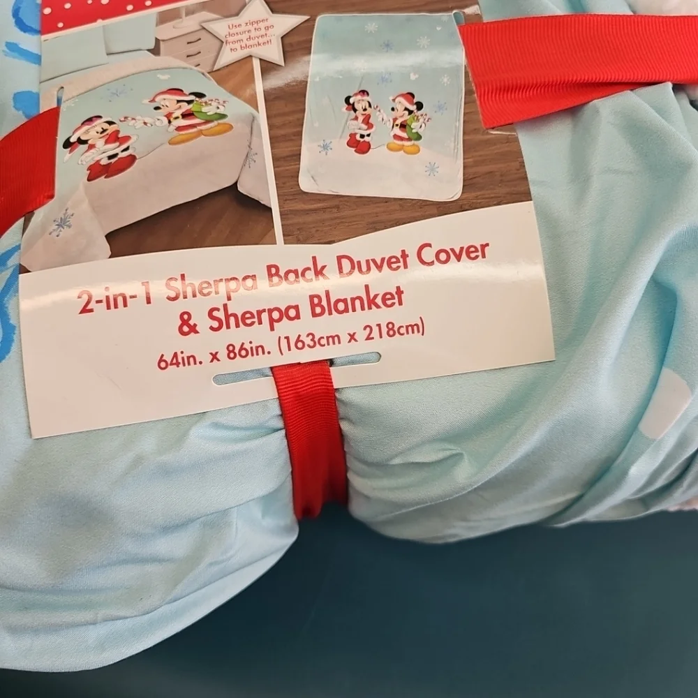 NWT Christmas Disney 2-in-1 Mickey Minnie Mouse Sherpa Twin Duvet Cover Blanket